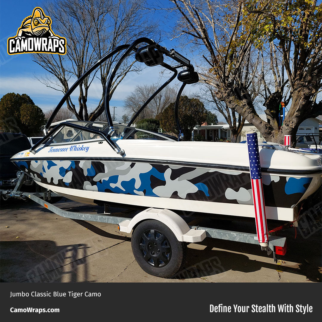 blue camo boat wrap