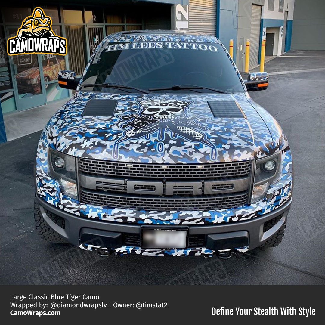 blue camo truck wrap