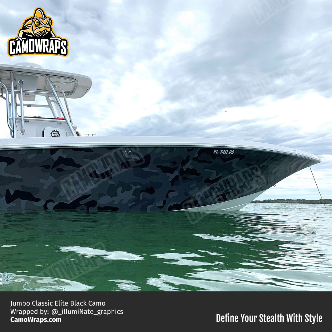black camo boat wrap