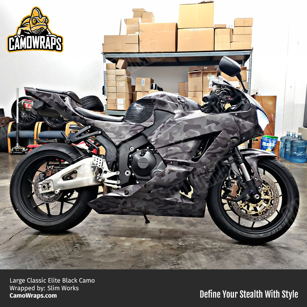black camo motorcycle wrap