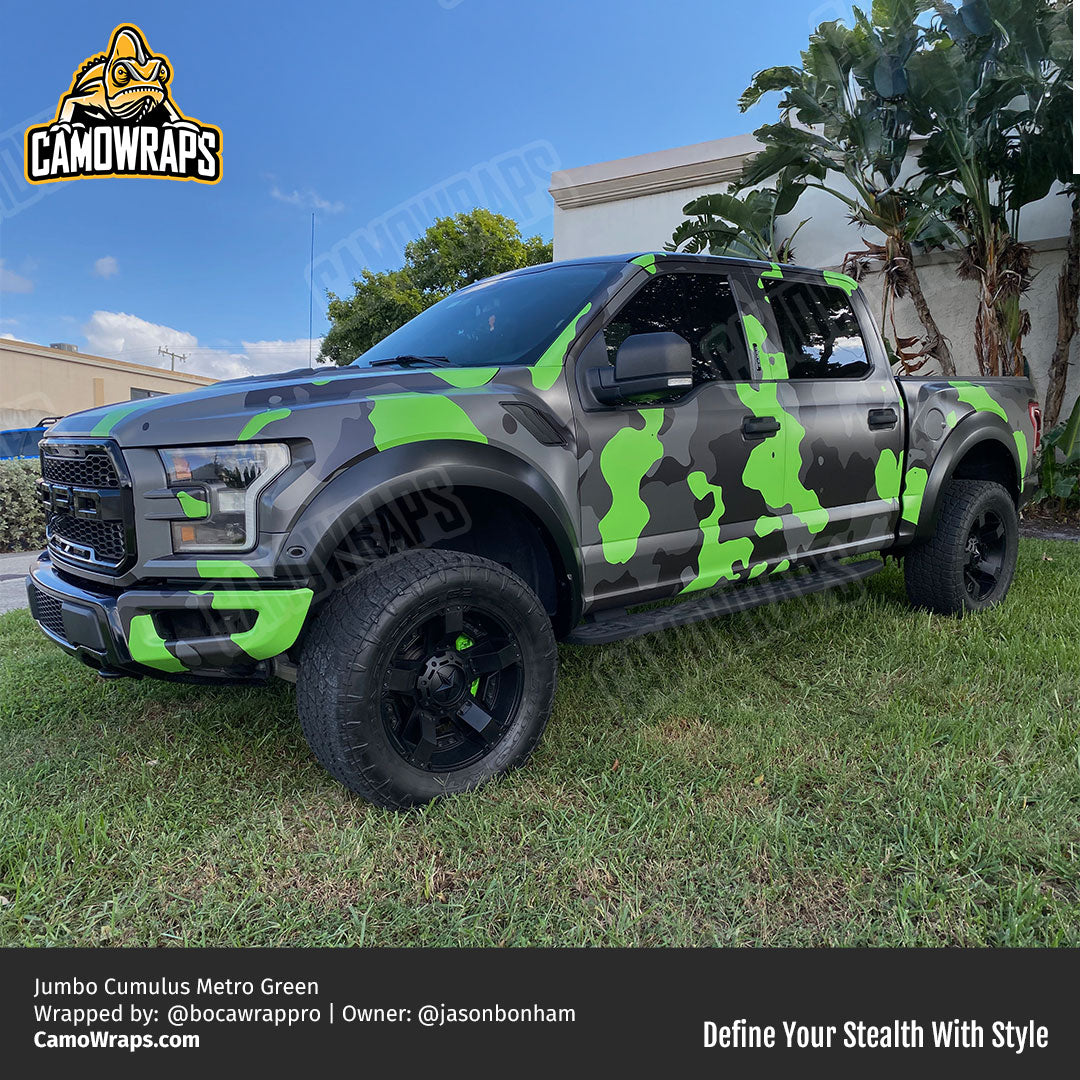 neon green camo truck wrap