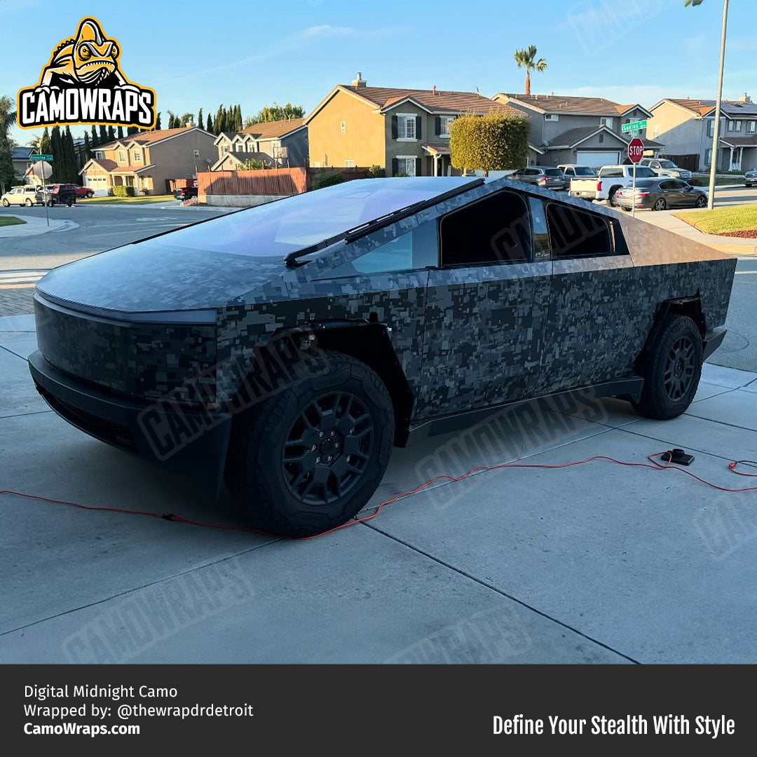 Digital Midnight Camo Large Tesla Cybertruck Wrapped by thewrapdrdetroit