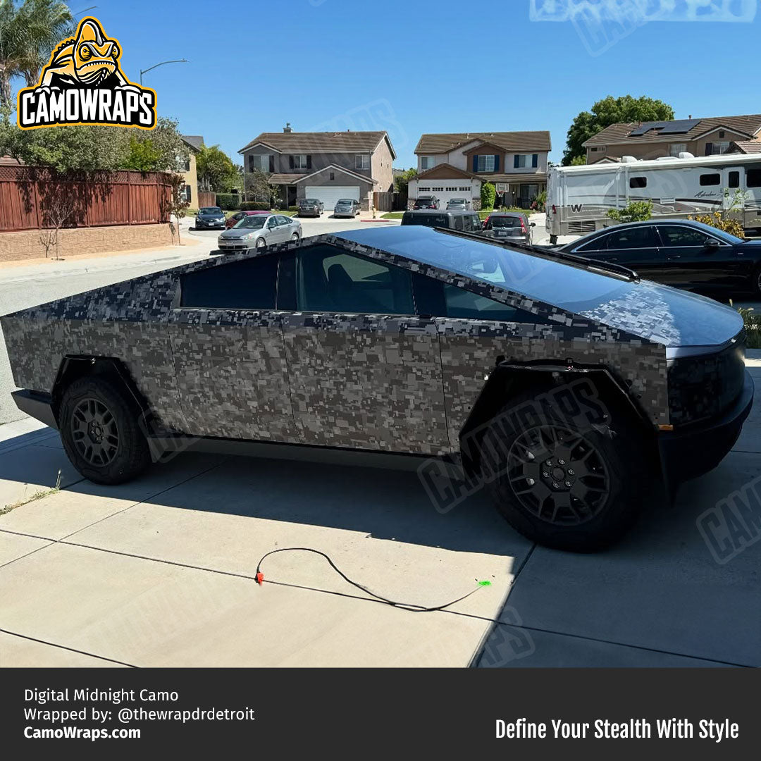 black digital camo cybertruck wrap