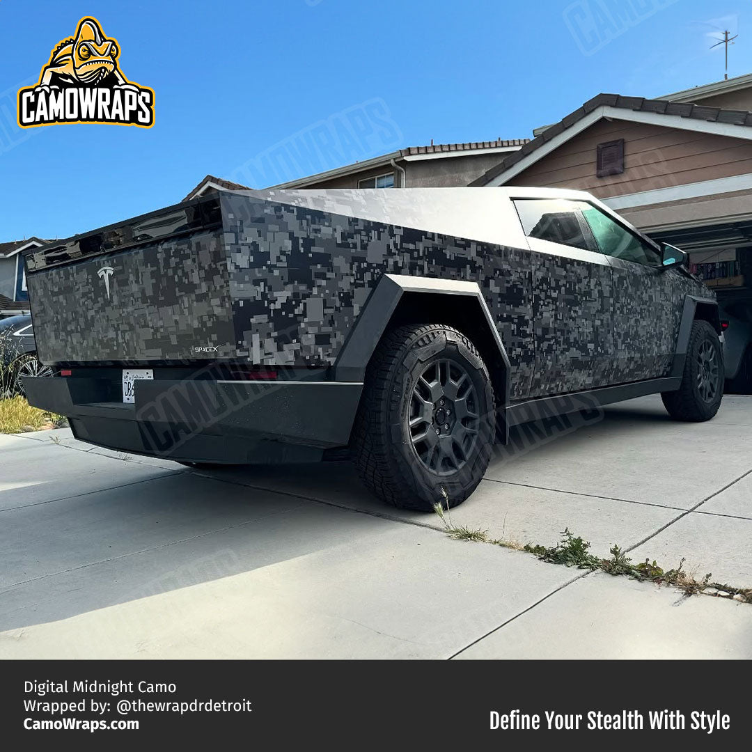 black digital camo cybertruck wrap