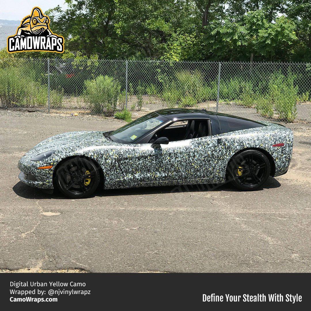 yellow digital camo car wrap