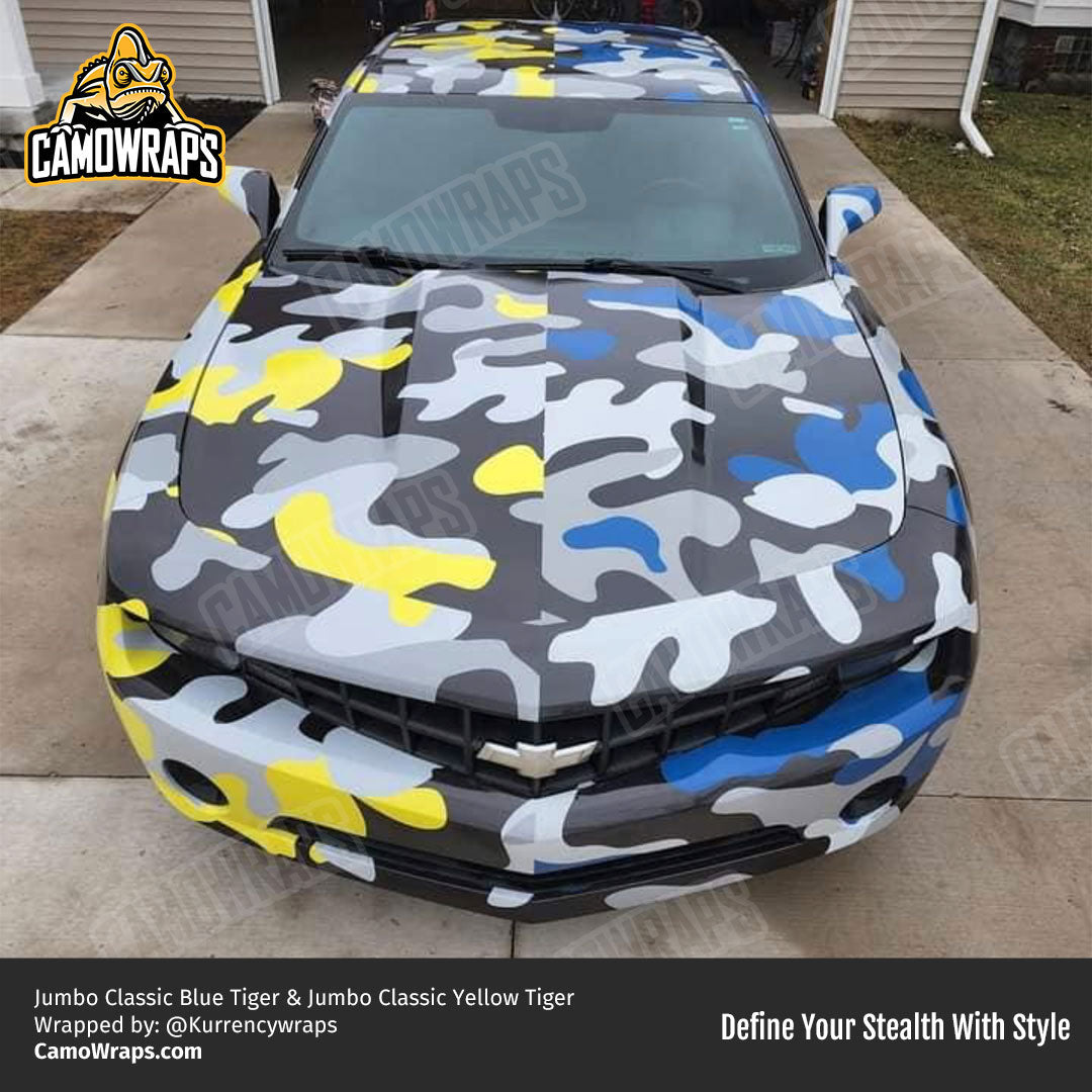blue and yellow camo camaro wrap