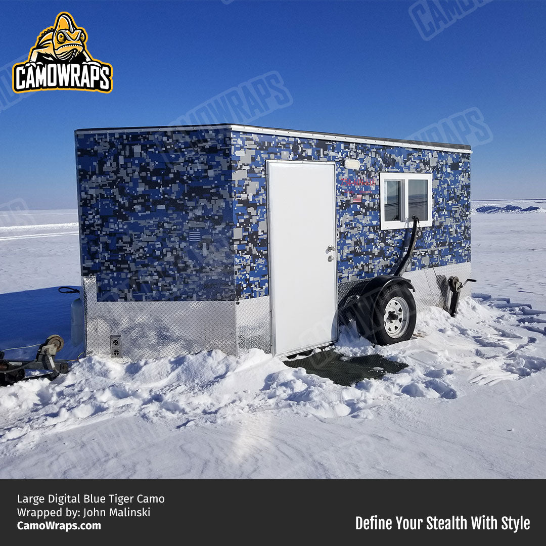 blue digital camo trailer wrap