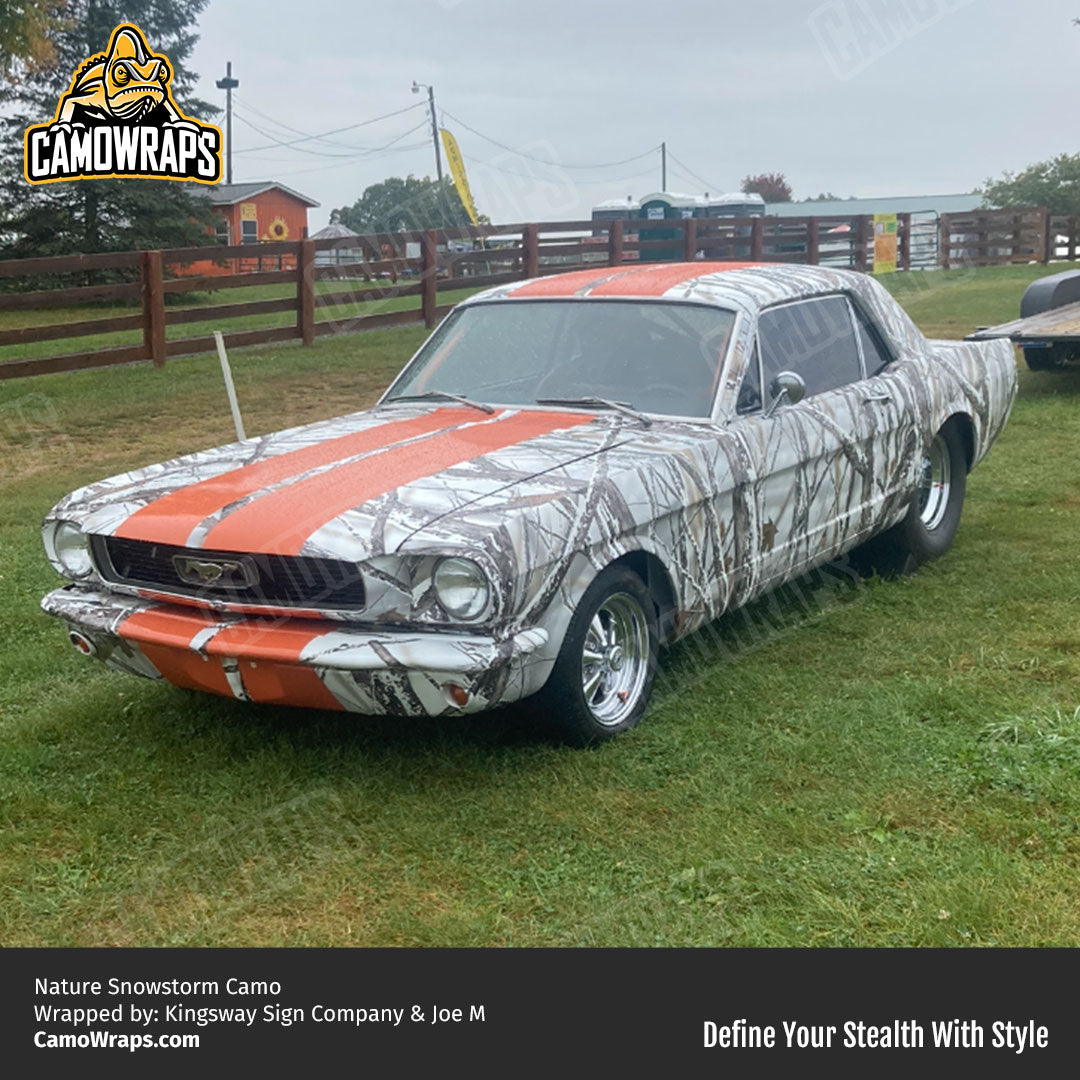 white snowy camo mustang wrap