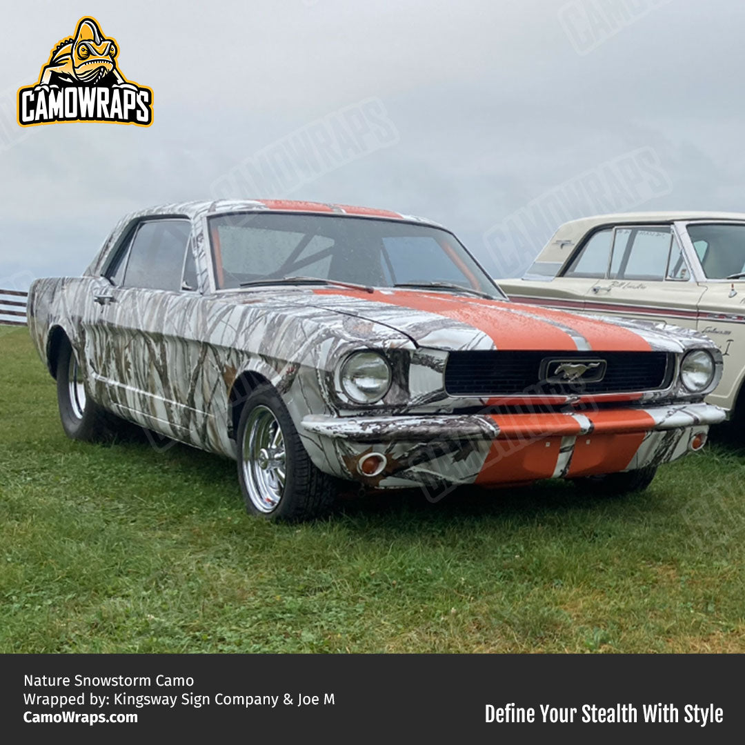 white snowy camo mustang wrap