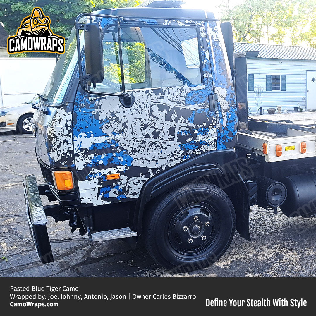 blue camo semi truck wrap