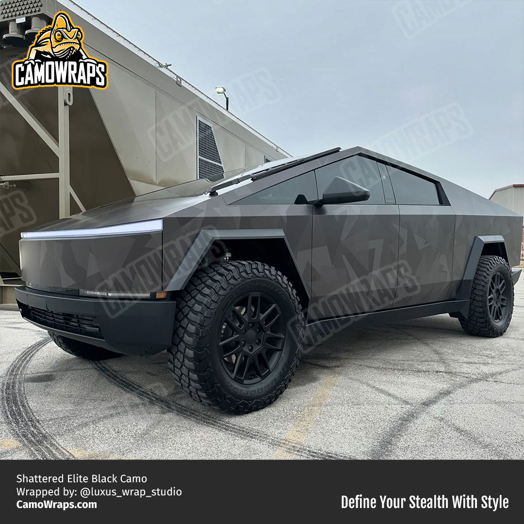 shattered black camo cybertruck wrap