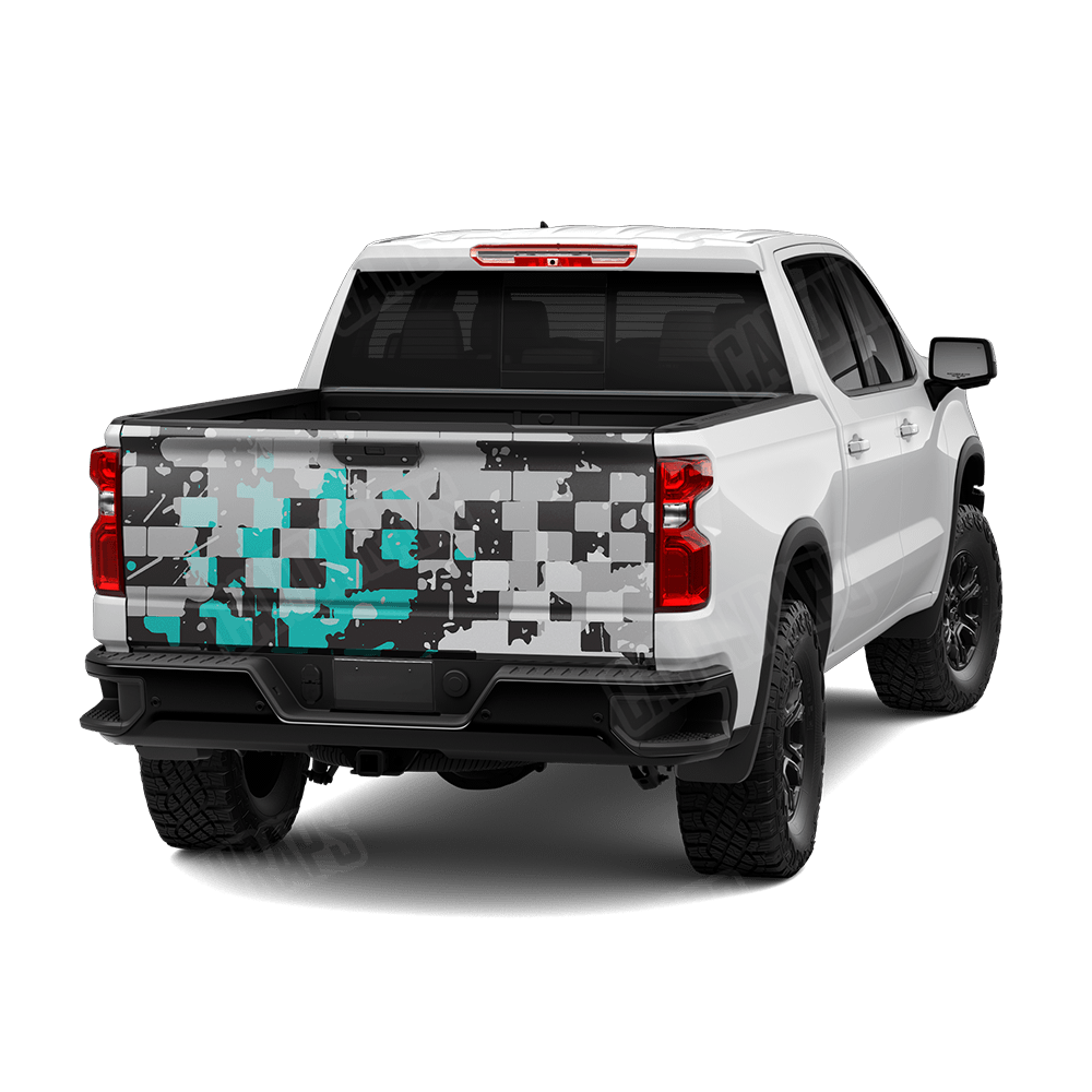 Broken Plaid Tiffany Blue Tiger Camo Tailgate Vinyl Wrap