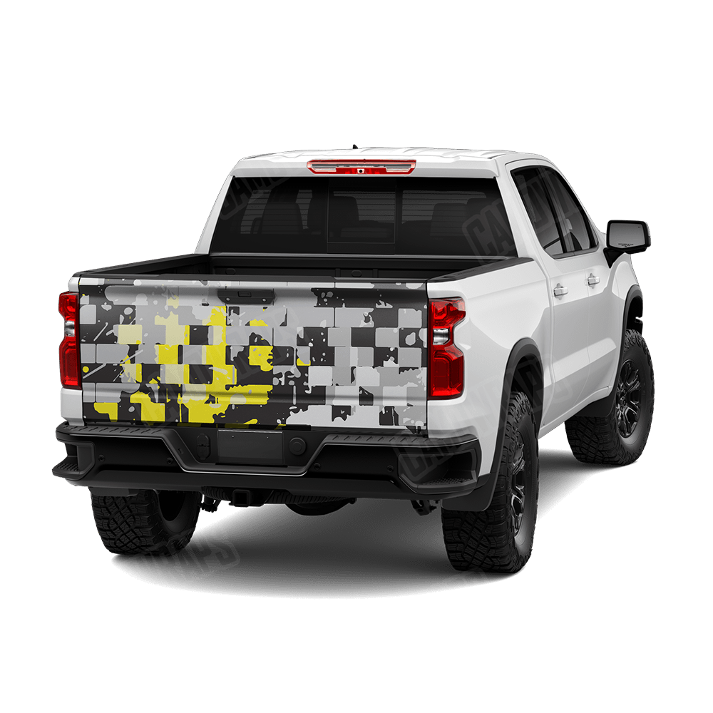Broken Plaid Yellow Tiger Camo Tailgate Vinyl Wrap