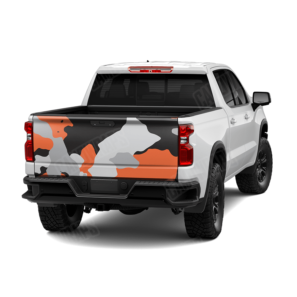 Jumbo Cumulus Orange Tiger Camo Tailgate Vinyl Wrap