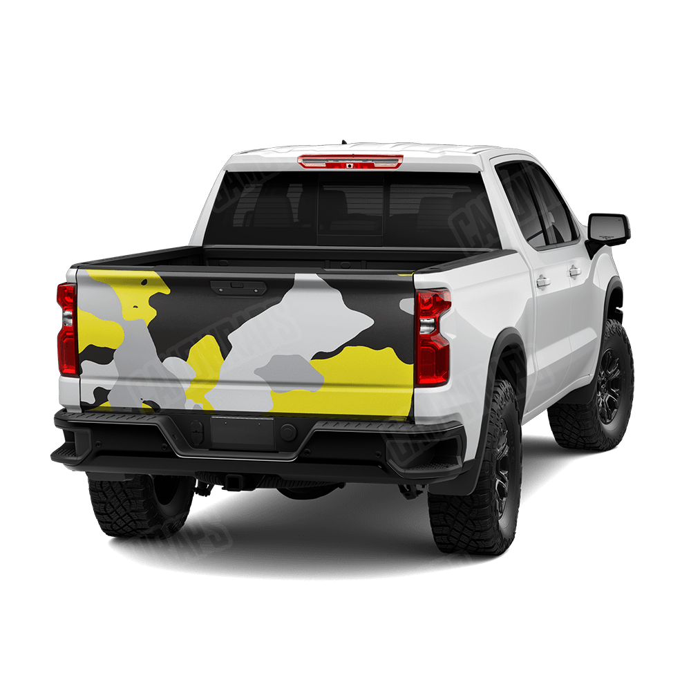 Jumbo Cumulus Yellow Tiger Camo Tailgate Vinyl Wrap