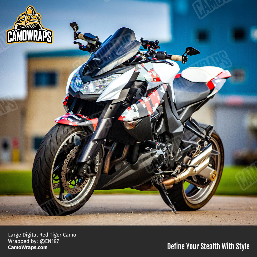 red digital camo motorcycle wrap