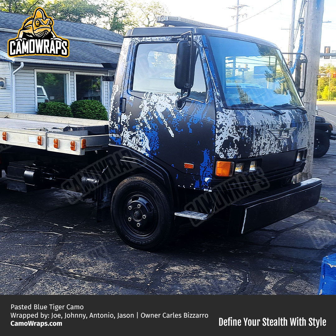 blue camo semi truck wrap