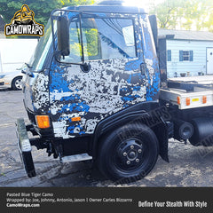 blue camo semi truck wrap