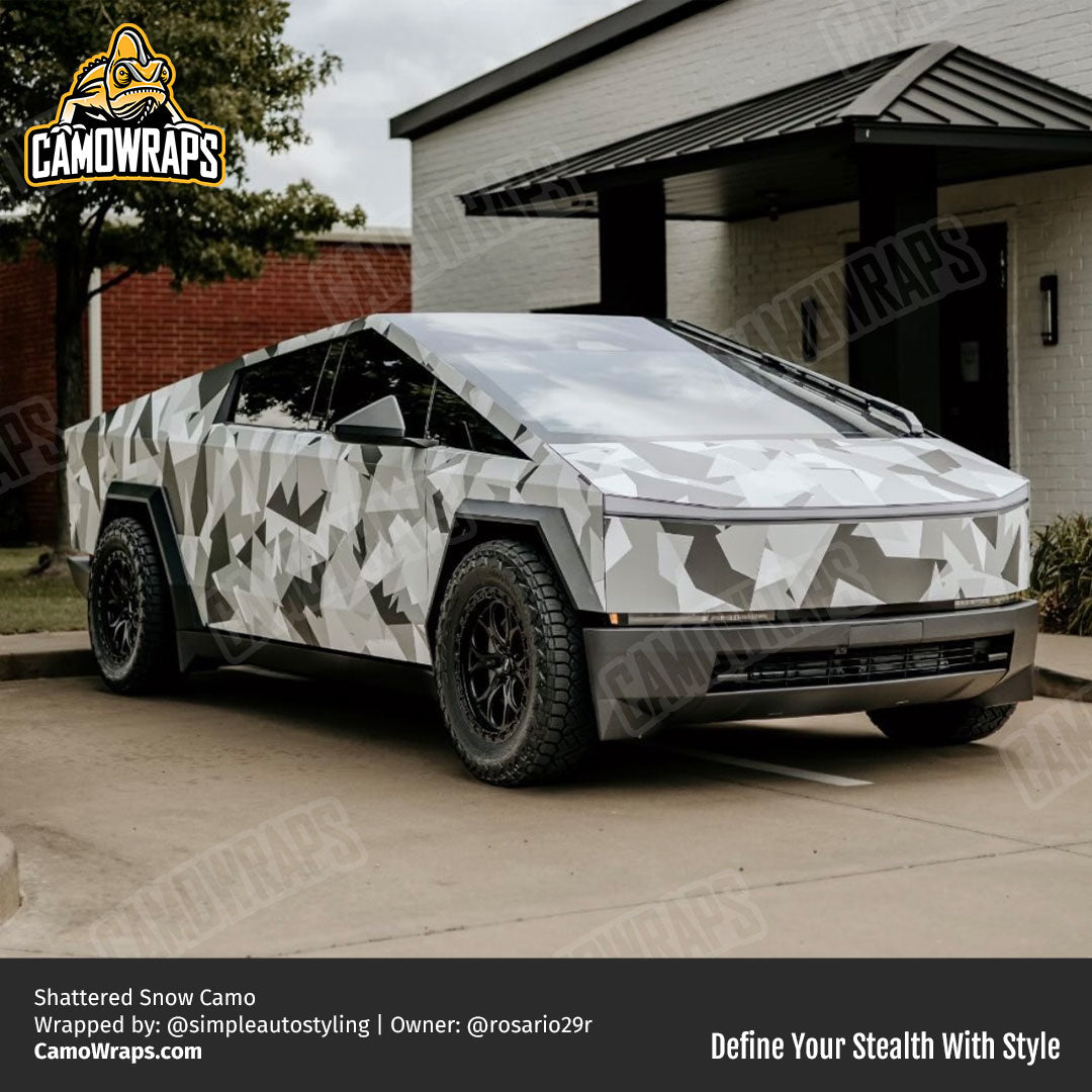 shattered snow camo cybertruck wrap