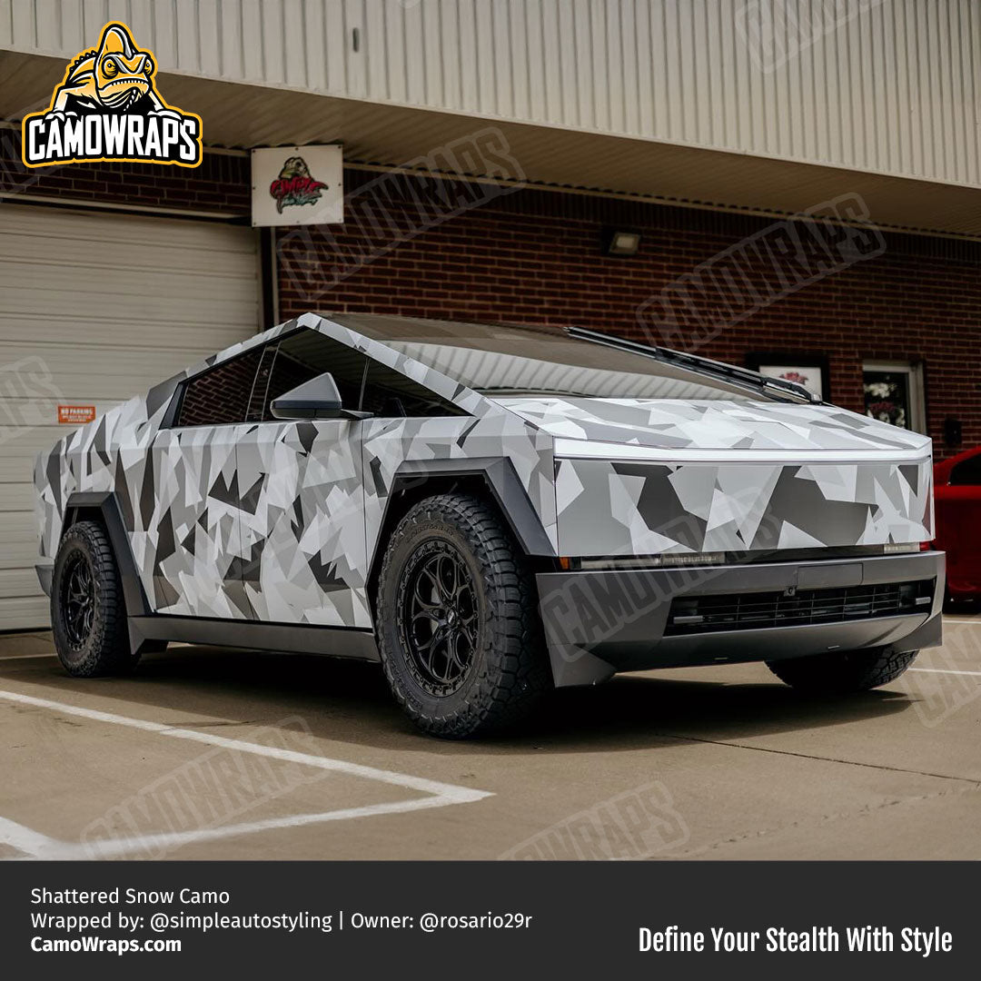 shattered snow camo cybertruck wrap